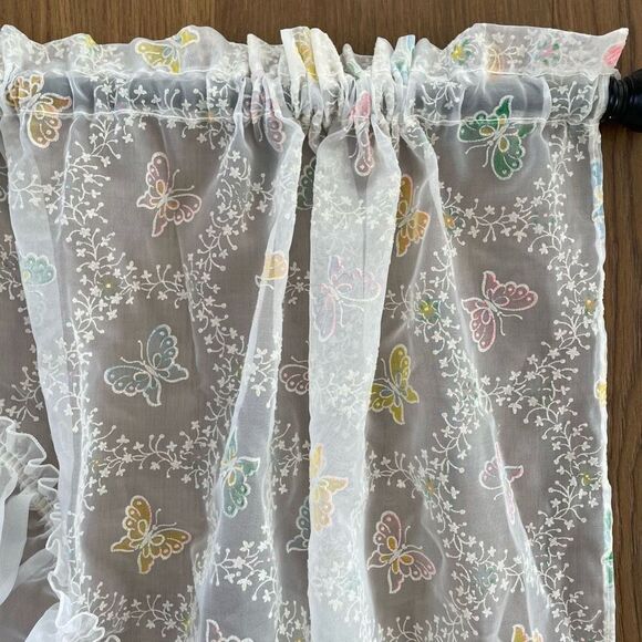 Vintage 2pc Pastel Butterfly Sheer Voile Ruffle Curtains Valance - Picture 4 of 5